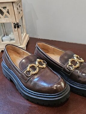 Circus by Sam Edelman Brown Leather Loafers with Gold Chain Trim